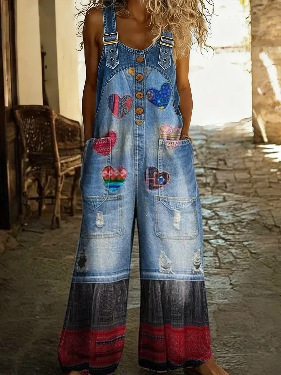 Women's Retro Floral Color-Blocked Art Print Washed Cotton Denim Patchwork Jumpsuit